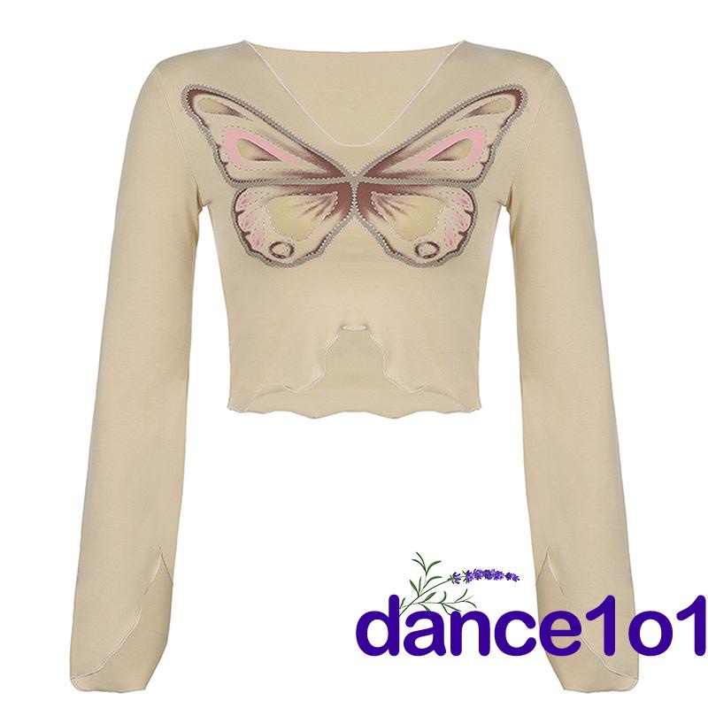 Áo croptop tay dài cổ chữ V đính đá hình bướm thời trang cho nữ