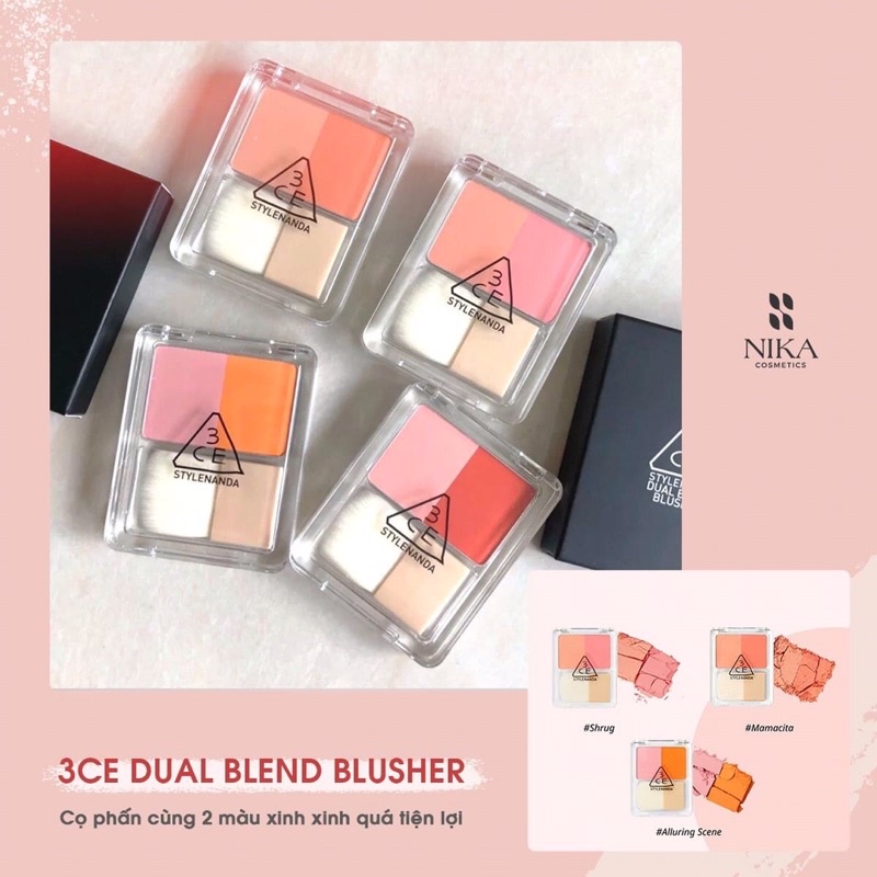 Má hồng 3CE 2 màu Dual Blend Blusher tươi tắn năng động, kèm cọ mini