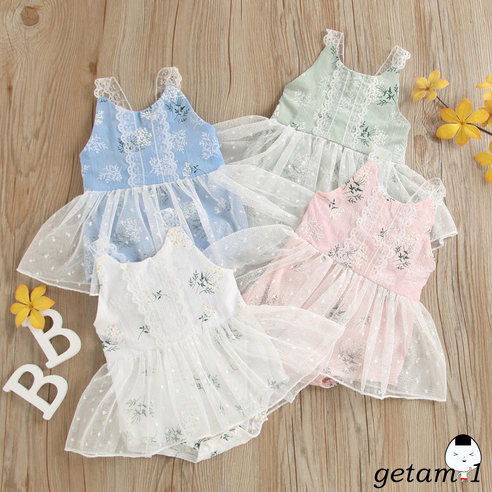 LJW-Newborn Baby Girls Summer Mesh Sleeveless Plant Pattern U-shaped Neck Lace Trim Playsuit