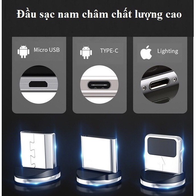 Cáp sạc từ hút nam châm đầu micro usb,type C và IP360 độ dây dù có led