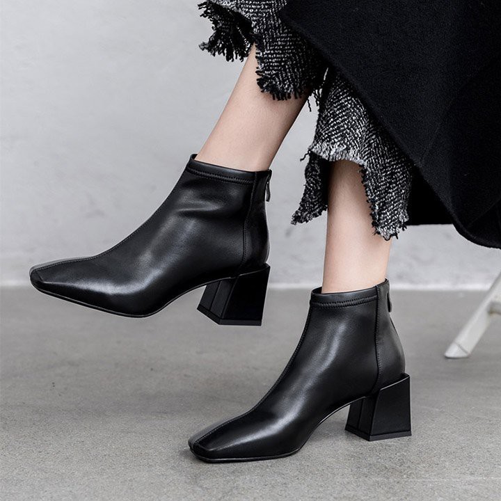 Giày boot nữ cổ ngắn mũi vuông gót tràn viền cao cấp - Giày boot cao gót 5cm - Linus LN229