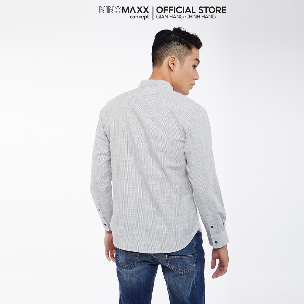 Ninomaxx Áo Sơ Mi Nam dài tay cổ trụ sọc xanh trắng dáng slim fit 100% cotton 1908070