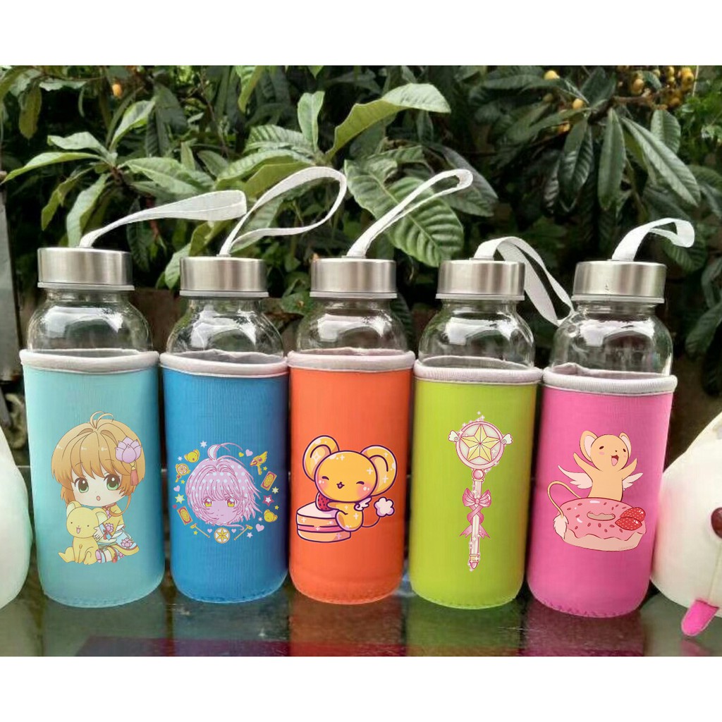 Bình nước kero CCS thuỷ tinh có dây xách BNVI17 chai nước hoạt hình bọc vải cute dễ thương 350ml