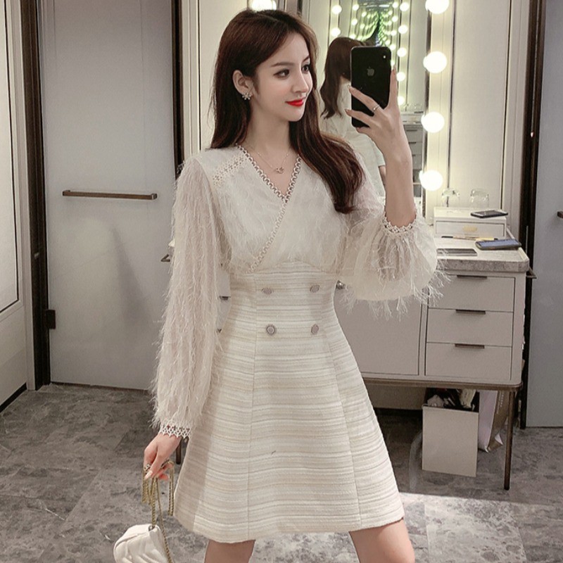 |Order| Váy Dạ Cổ V Phối Lông Vũ Sang Trọng Thanh Lịch