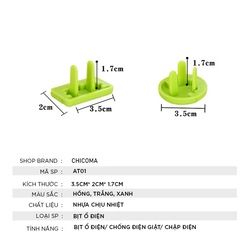 Bịt ổ điện 2 chân 3 chân cao cấp chống giật nhỏ gọn chắc chắn bảo vệ an toàn cho bé AT01 - Chicoma