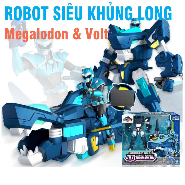 Mô hình biệt đội siêu nhân nhí miniforce robot siêu khủng long cá mập Megalodon cùng siêu nhân Volt