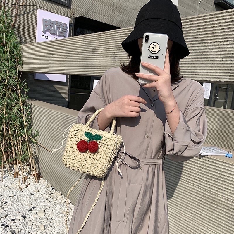 Túi cói đan thưa Cherry, nơ xinh xắn cho bé gái đi chơi Tết cực xinh - TC011