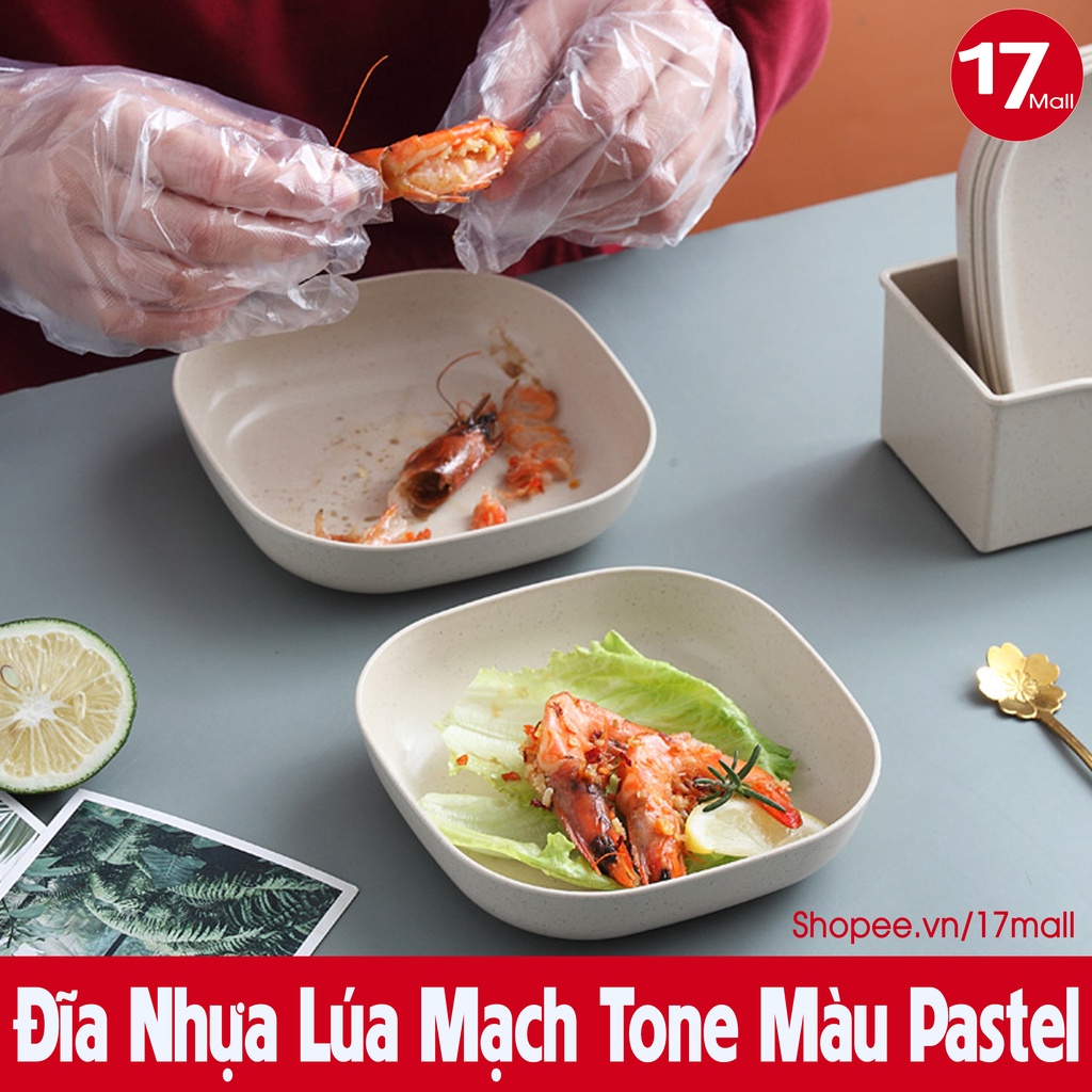 Đĩa nhựa lúa mạch tone màu Pastel, Dĩa nhựa đựng thức ăn, trái cây, bánh kẹo hình vuông sang trọng, tiện dụng