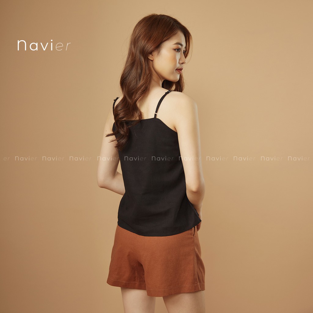 ÁO HAI DÂY NỮ CAMISOLE TOP RÚT HAI BÊN DÁNG RỘNG CỔ TIM MẶC VEST VẢI ĐŨI - LINEN A02 NAVIER | BigBuy360 - bigbuy360.vn