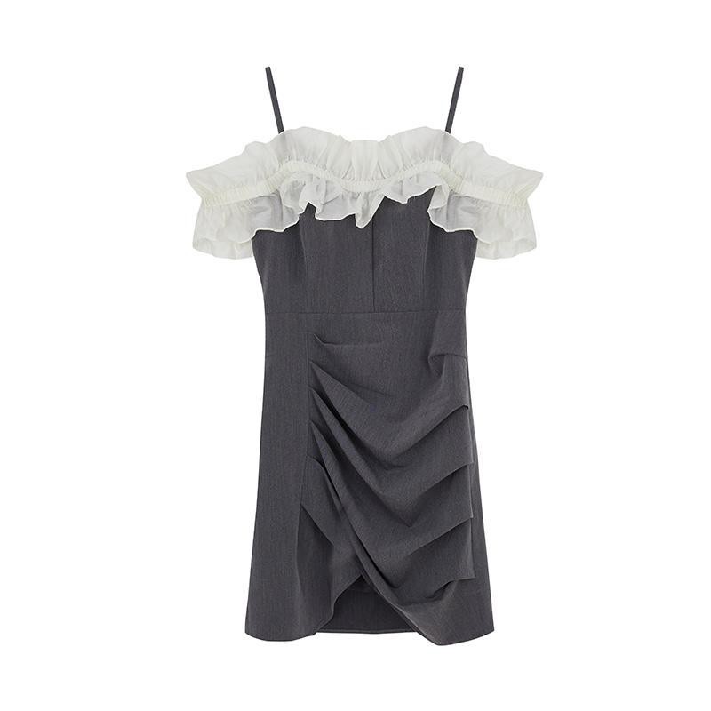Váy dáng dài Váy suông Váy maxi nữ Teng Yujia một từ cổ treo thiết kế váy cảm giác thích hợp eo Pháp tính kh