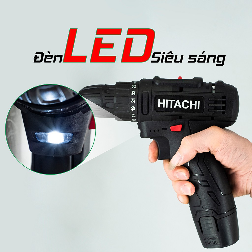 [FREESHIP] Máy khoan pin HITACHI 12V, Bắn Vít, Vặn vít - Khoan cầm tay 2 cấp tốc độ, 100% đồng, Siêu bền, Có đèn LED