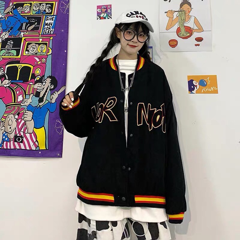 Áo khoác kaki nhung bomber unisex form rộng HIOK bóng chày nam nữ ulzzang Wind | BigBuy360 - bigbuy360.vn