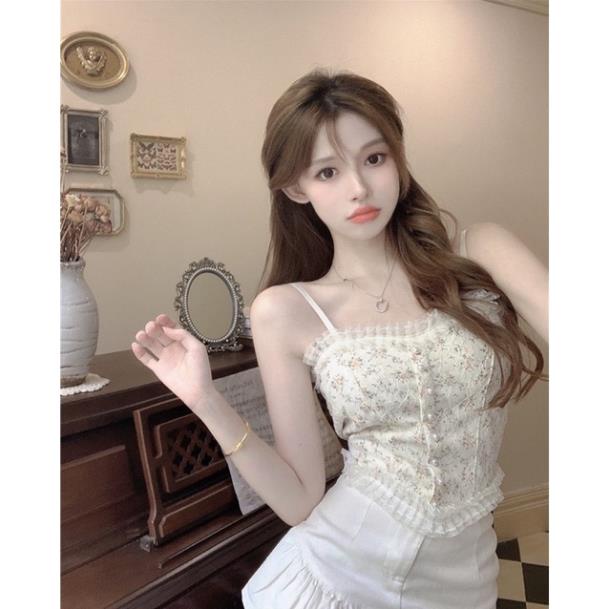 Áo 2 Dây Nữ Ren Hoa Tiểu Thư Đính Hạt Viền Bèo, Chun Sau Dáng Croptop Có Mút Ngực 1202