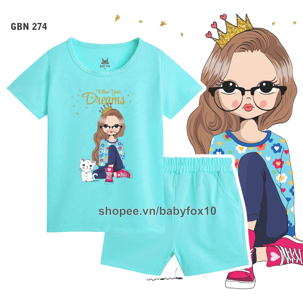 Bộ thun bé gái 100% cotton loại tốt, thương hiệu BABY FOX, in hình bé gái, size nhỏ, trung, đại b