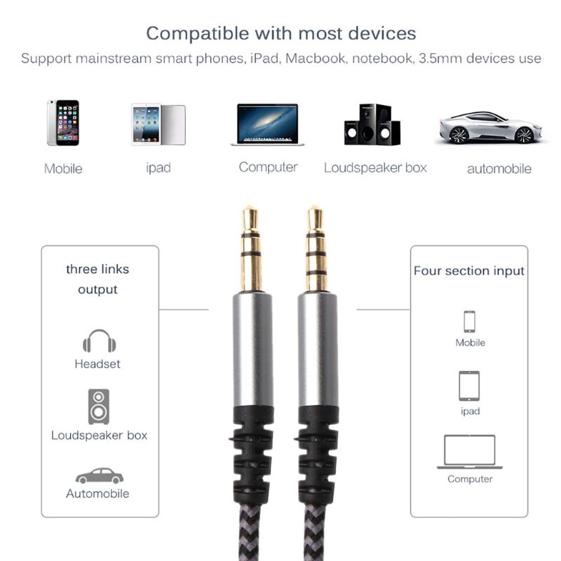 Dây cáp dạng bện 1.4m hai đầu jack 3.5mm có nút điều chỉnh âm lượng