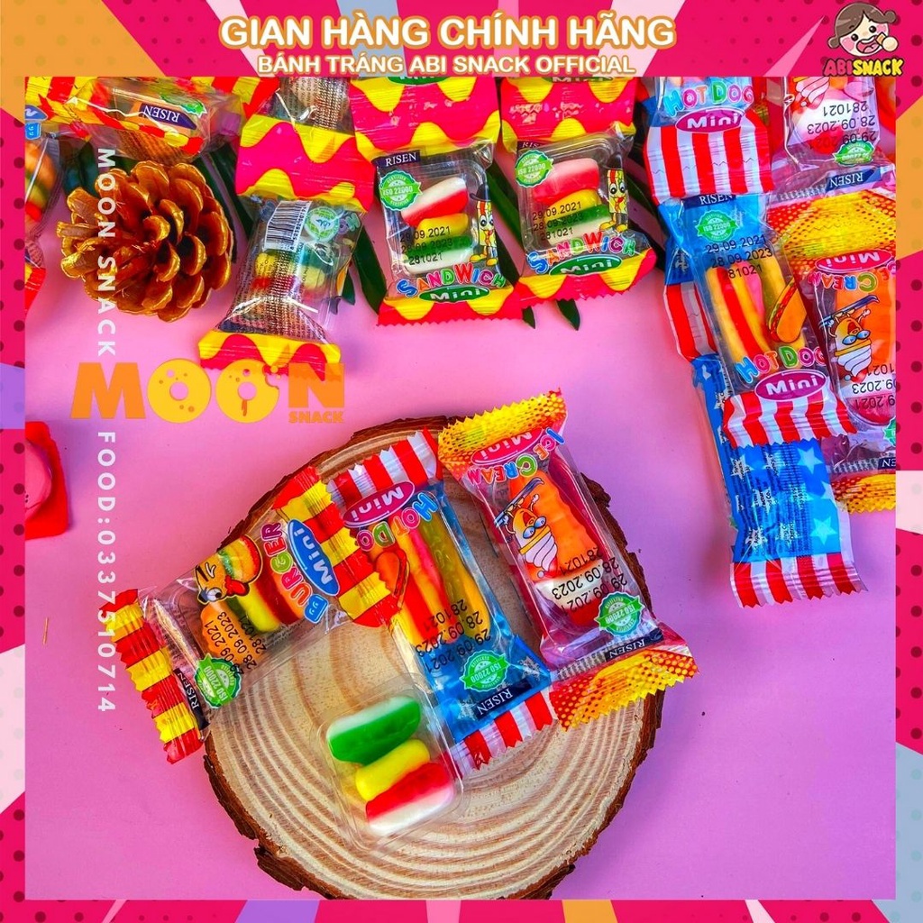 1 dây gồm 10 gói Kẹo Dẻo Mini hình Hamburger/Que Kem/Hotdog/ Sandwich thương hiệu Risen 100g-ăn vặt tuổi thơ