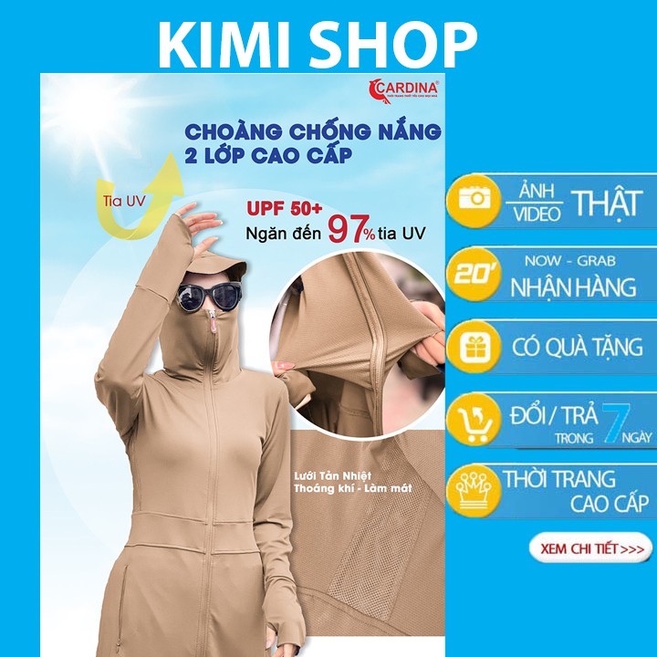 Áo choàng chống nắng nữ Cardina. Vải thun lạnh hai lớp liền thân cao cấp. Thơm khử mùi, làm mát cơ thể.