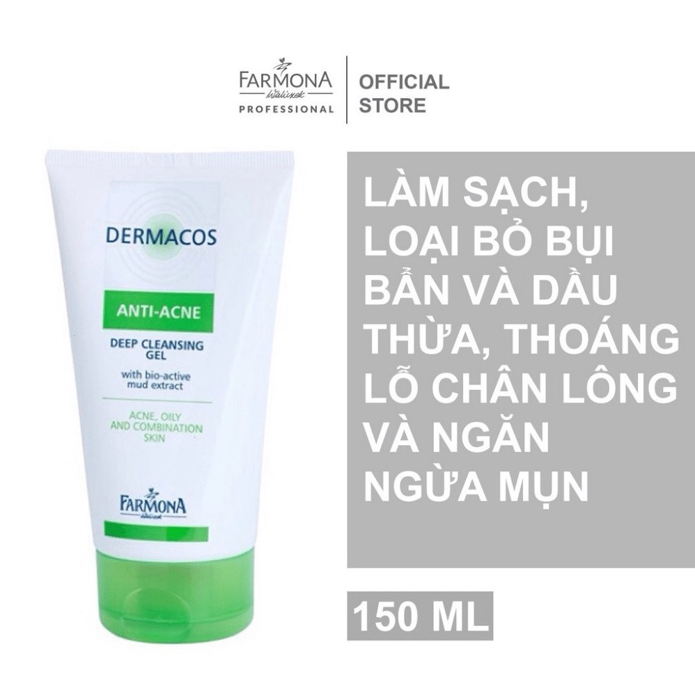 DERMACOS Sữa Rửa Mặt Farmona Dermacos Anti Acne Deep Cleansing Gel 150ml, Sạch Sâu Ngừa Mụn, Cho Da Dầu