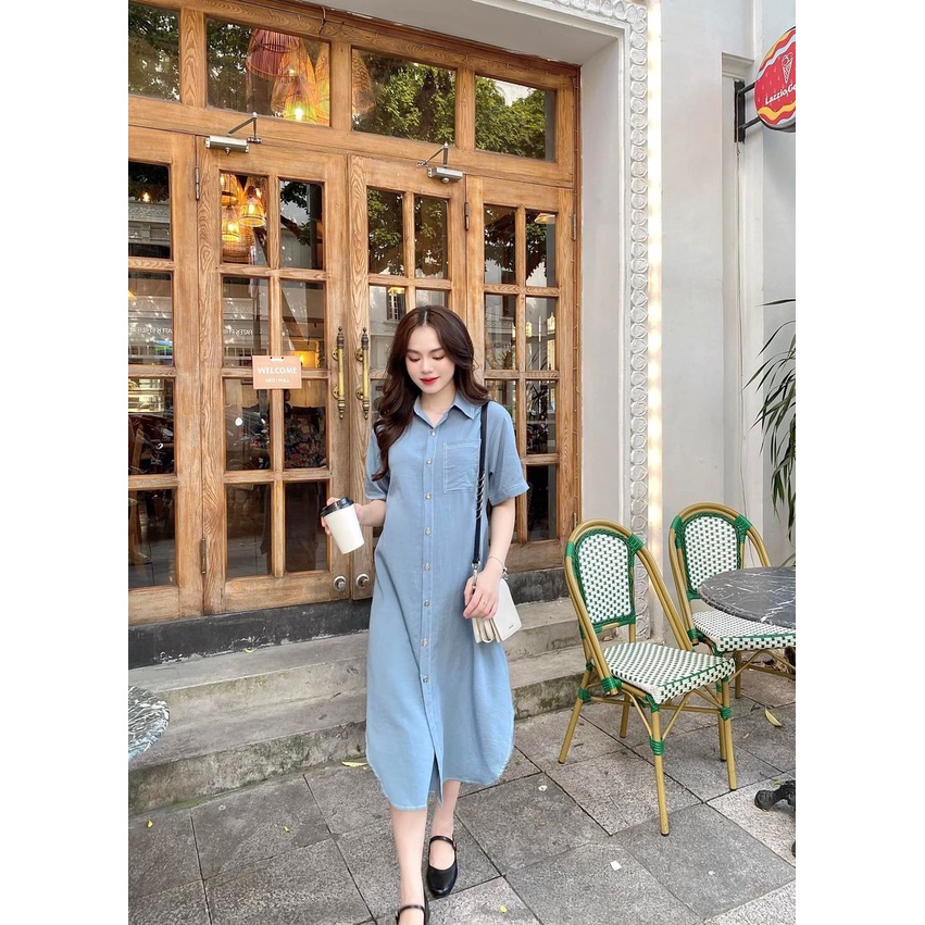 Vày đầm bầu dáng sơ mi suông basic cúc thật Joamom