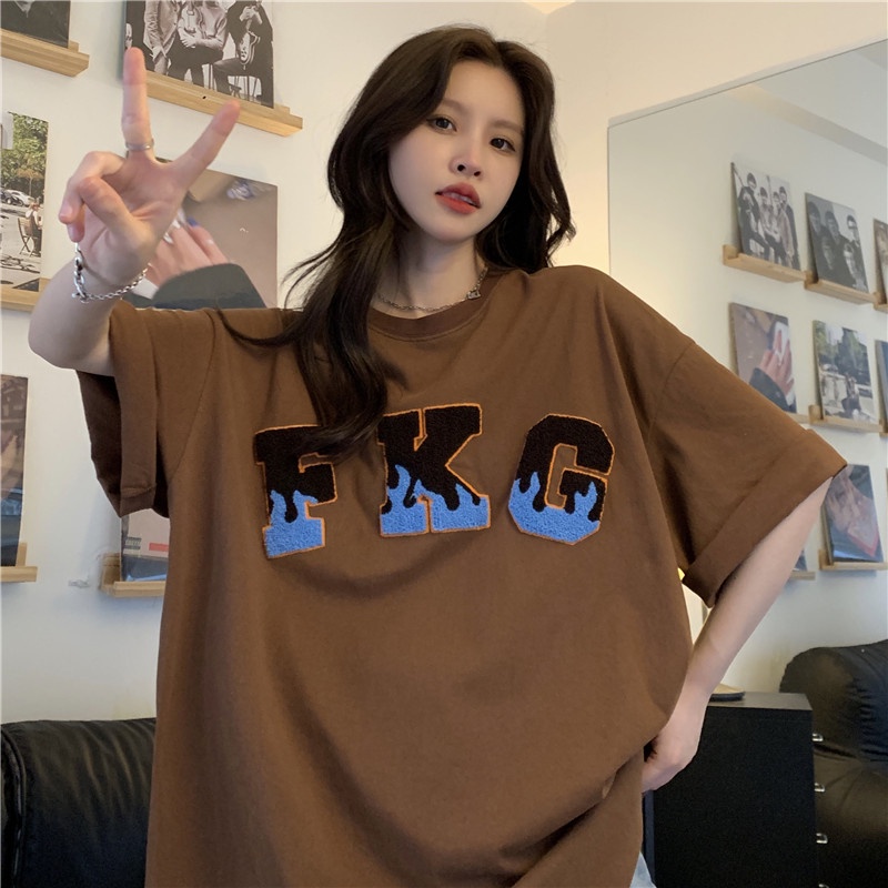 Áo Thun Tay Ngắn Dáng Rộng Thêu Chữ Thời Trang Đường Phố Cho Nữ