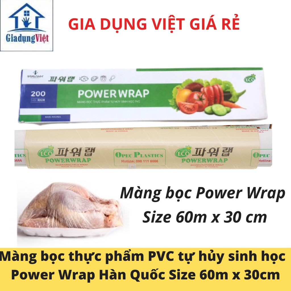 Màng bọc thực phẩm Power Wrap Hàn Quốc co giãn, chất liệu PVC tự hủy sinh học Size 60m x 30cm