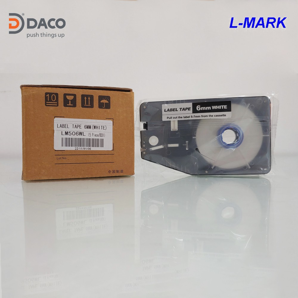 LM506WL Băng nhãn in cho máy in ống lồng đầu cốt LK-330, LK330 L-Mark 6mm x 20m màu Trắng