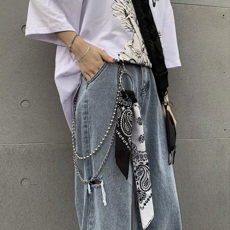 Quần Baggy Jean ống rộng rách gối phối xích  - LC