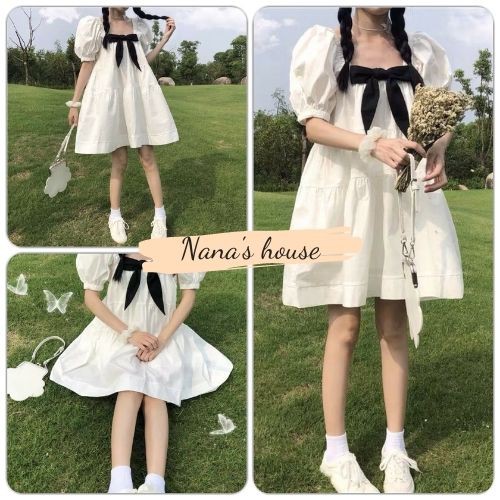 Đầm Babydoll Nơ Ngực Bánh Bèo 🎁 Nana's House - FREESHIP 🎁 Váy tiểu thư dáng ngắn cộc tay dáng xòe basic Ulzzang