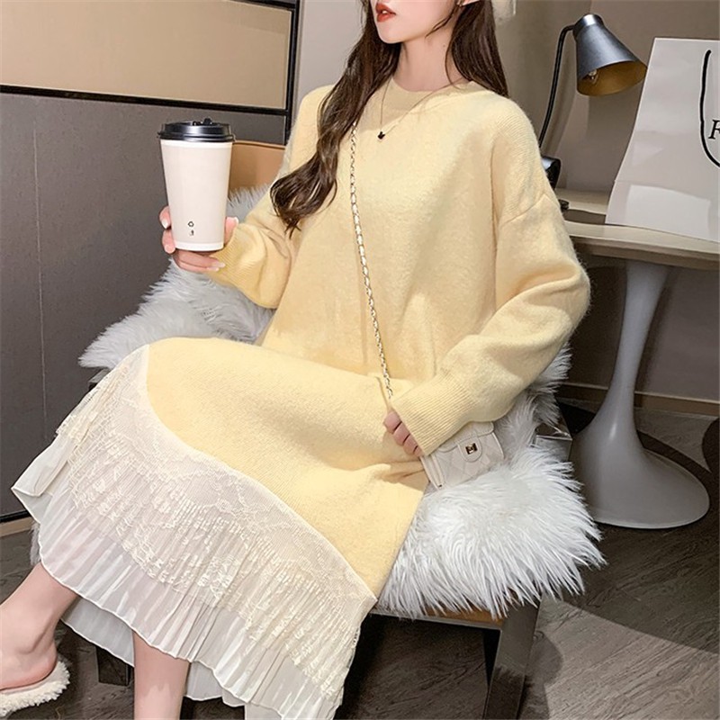 Đầm len dáng dài xoè chân rộng phối voan nhung