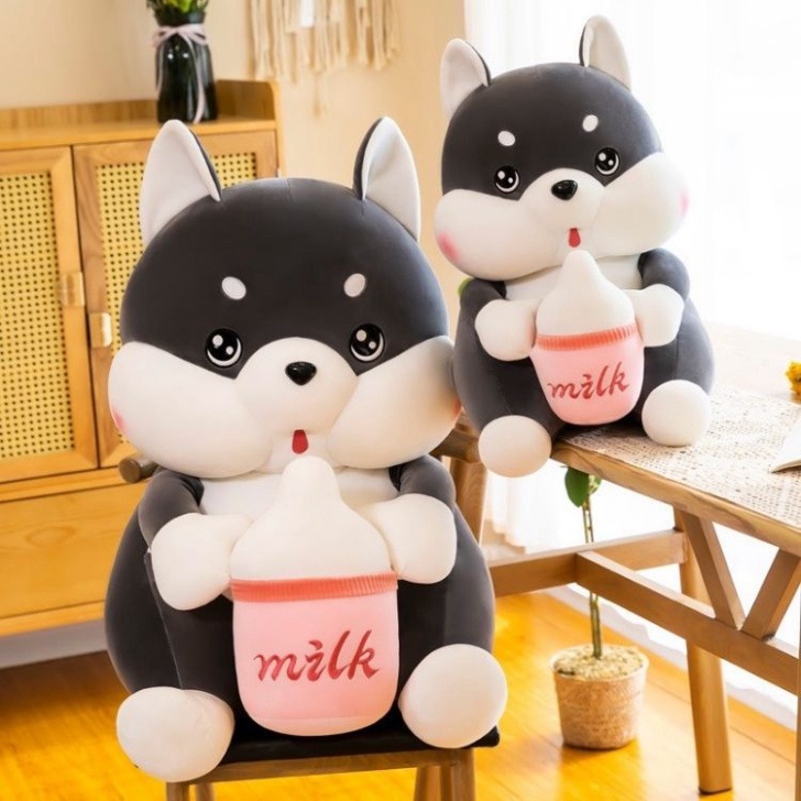 Gấu bông chó Husky ôm bình sữa, Thú nhồi bông chó ôm bình sữa đáng yêu size 35cm/45cm/60cm/80cm cao cấp - Gấu Xinh - G36