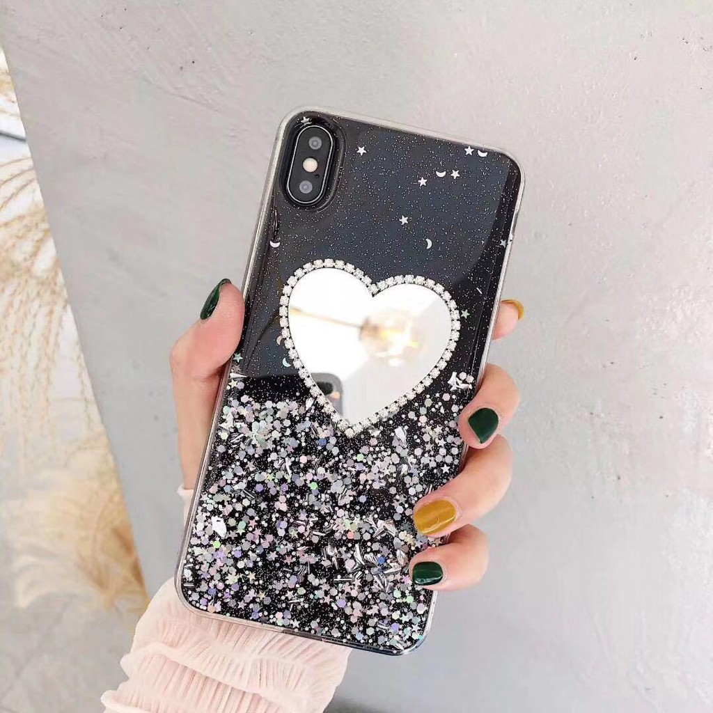 iPhone 12 Mini 11 Pro Max 6 6S 7 8 Plus  X XS Max XR Heart Shape Makeup Mirror Bling Soft TPU Phone Case