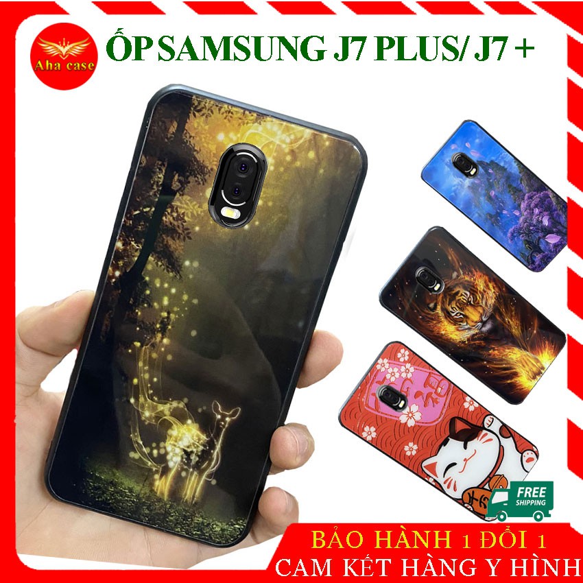 Ốp lưng Samsung J7 Plus /J7+ mặt kính cường lực sang trọng in hoa văn 3D sắc nét chống trầy xước, case op lung galaxy