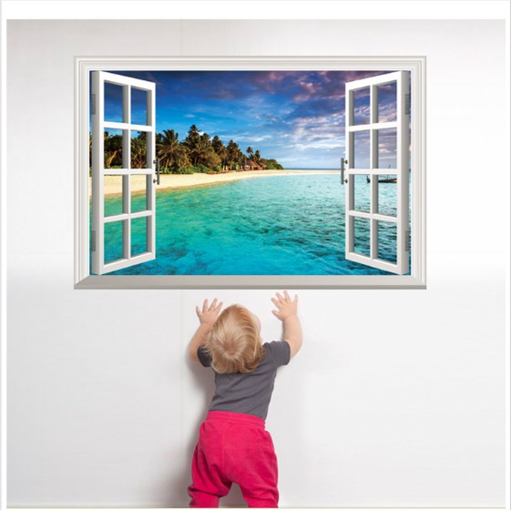 Decal trang trí khung cửa sổ 3D cảnh biển cát trắng