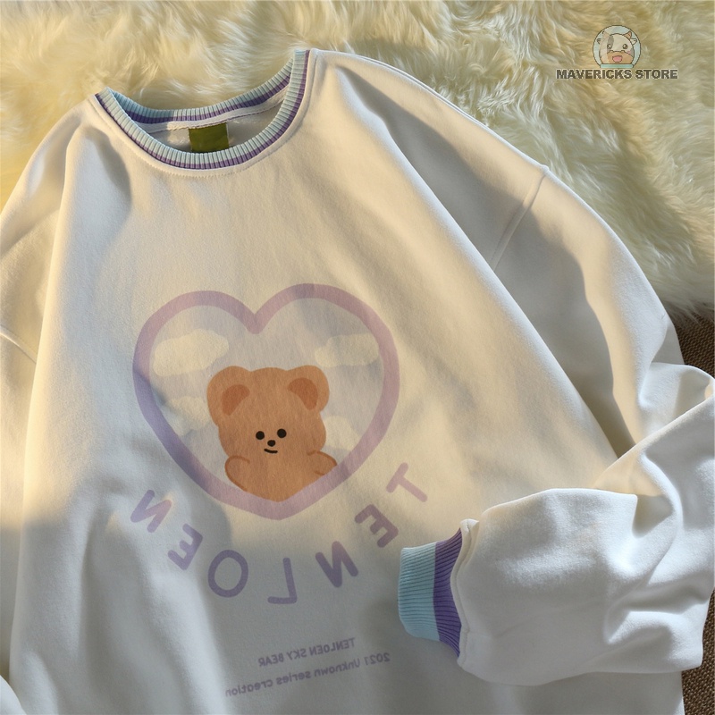 Áo sweater tay dài dáng rộng in hình gấu dễ thương phong cách Hàn Quốc thời trang cho nữ