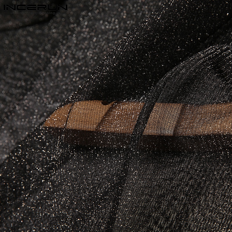 Áo thun INCERUN vải lưới mỏng xuyên thấu tay dài cổ tròn dáng rộng thời trang mùa hè cho nam