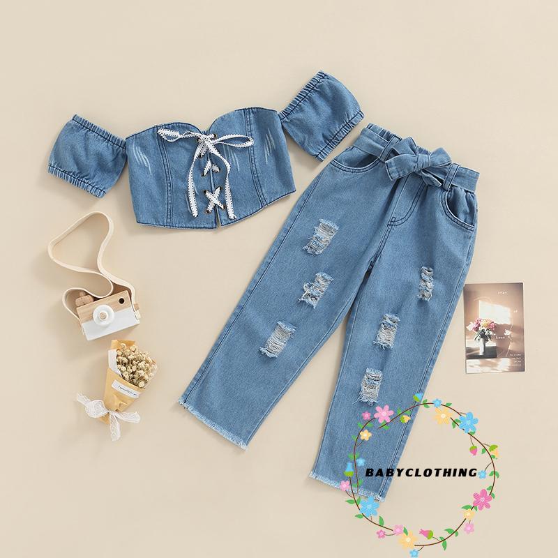 Set áo croptop trễ vai tay ngắn phối quần jeans rách thời trang cho bé gái
