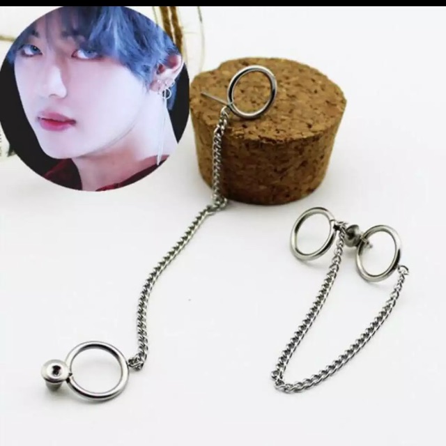 Khuyên tai xỏ lỗ nam nữ V BTS, khuyên xỏ vòng tròn đôi dây xích dài phong cách Hàn Quốc