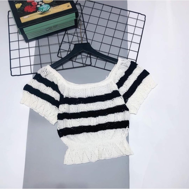 Áo len nữ tay cộc cánh tiên bẹt vai dáng croptop hot