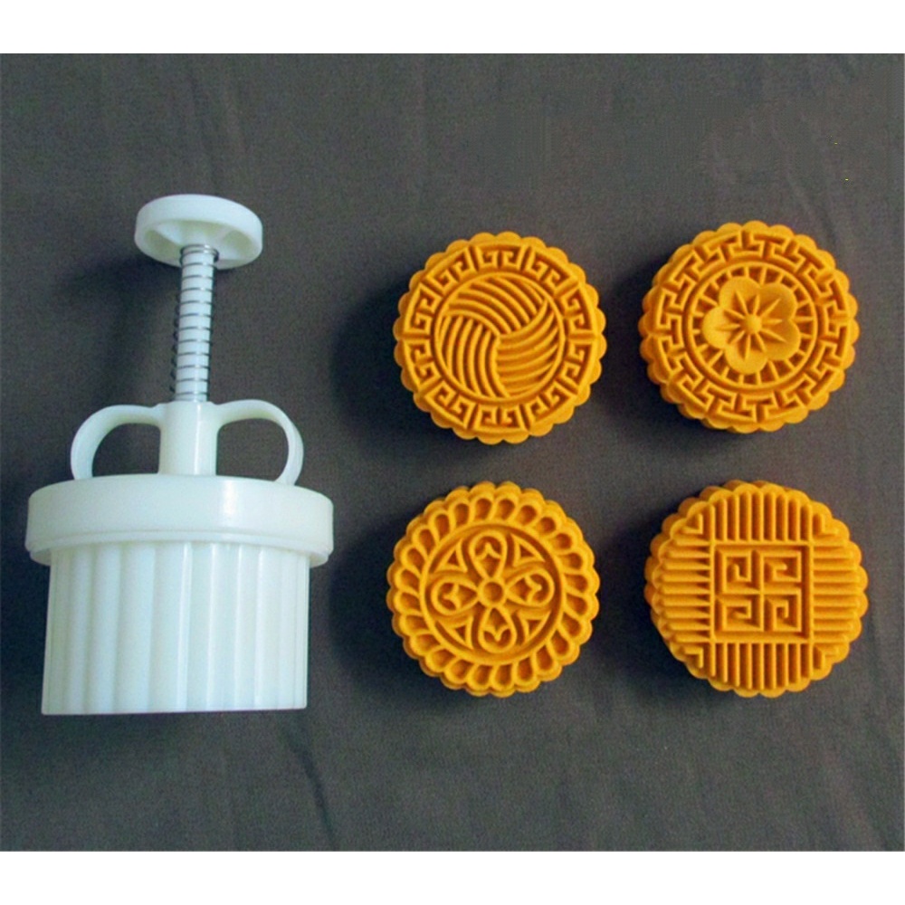 Khuôn Trung Thu 4 mặt tròn họa tiết cổ điển 125gr  - D05