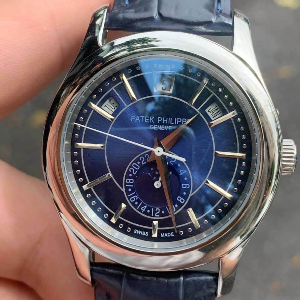 Đồng hồ Nam Patek philippe Complication máy nhật dòng cơ Automatic trăng sao có lịch thứ ngày tháng mặt xanh vỏ trắng