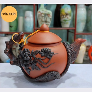 Ấm chén gốm tử sa đắp nổi khay lá