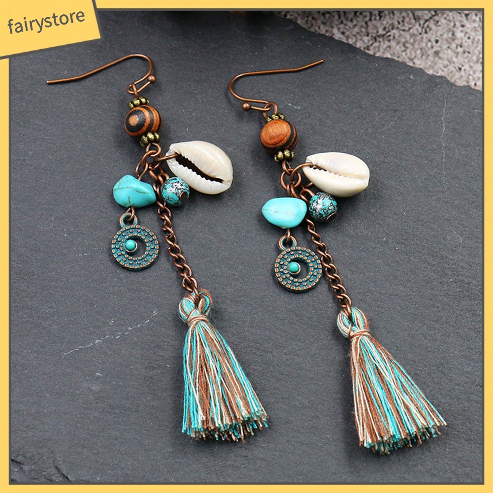 Khuyên tai tua rua kiểu dài đính vỏ sò phong cách Bohemian thời trang