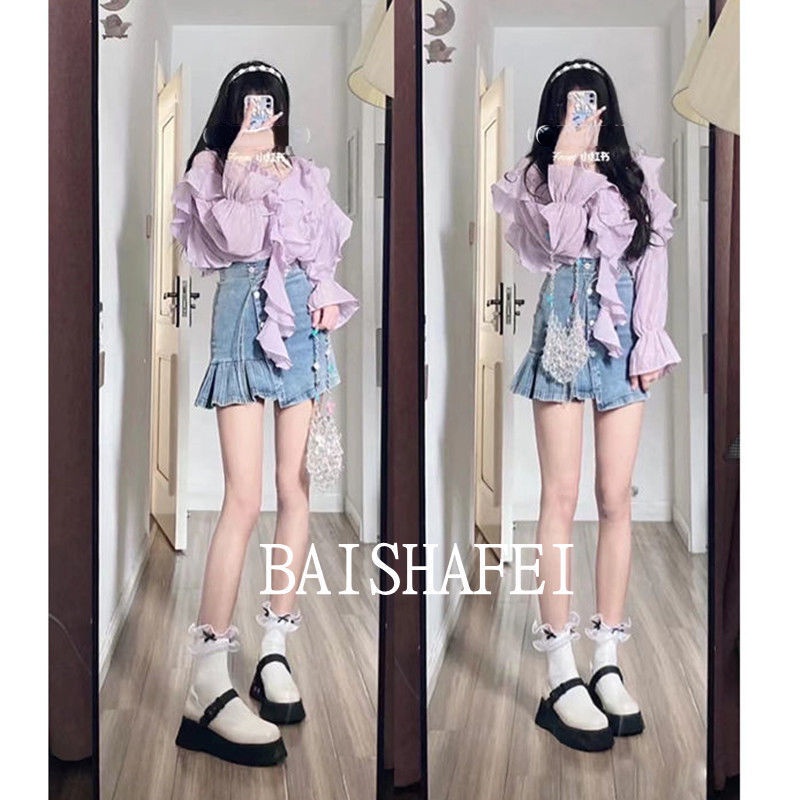 Set Áo Sơ Mi Tay Dài Phối Bèo Và Chân váy jean Lưng Cao Thời Trang Mùa Hè Mới Cho Nữ