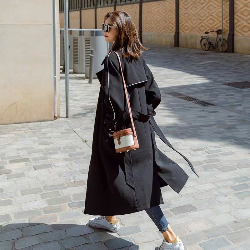 [free gift] Áo khoác gió dáng rộng màu đen thời trang thu đông phong cách Hàn Quốc cho nữ