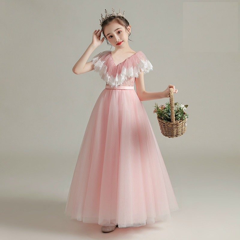 Váy công chúa bé gái thiết kế cao cấp cho bé đi dự tiệc phù dâu hồng ren bồng trắng tùng dài phồng xòe DBG062