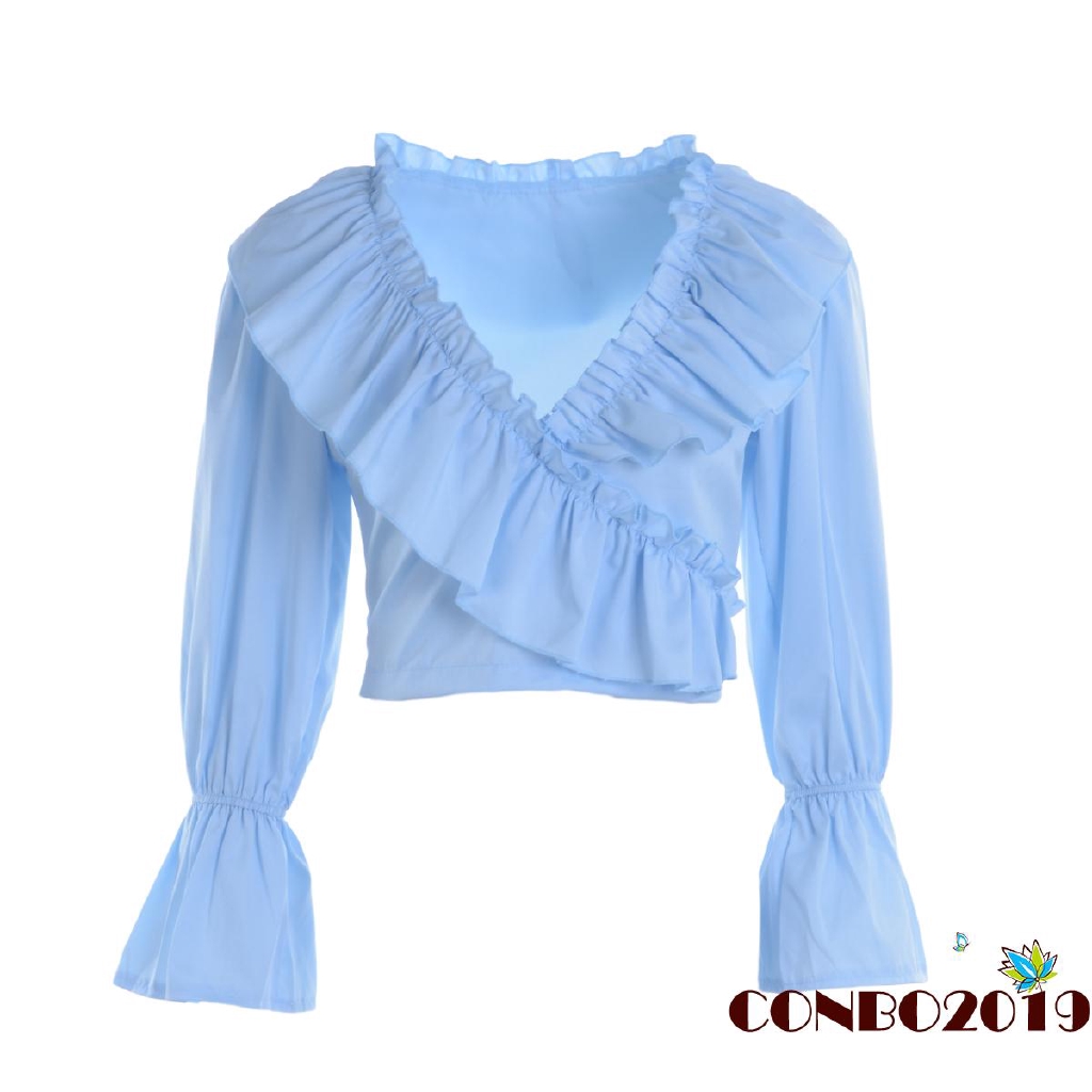 Áo Croptop Tay Dài Tay Dài Phối Bèo Thiết Kế Cổ Chữ V Nữ Tính