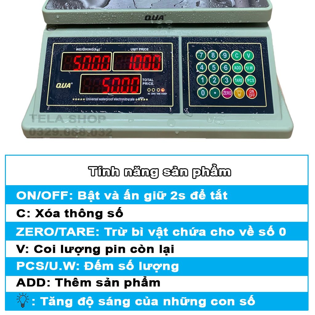 Cân Điện Tử Tính Tiền QUA 832 30kg Chống Nước Sạc Điện Độ Chính Xác Cao