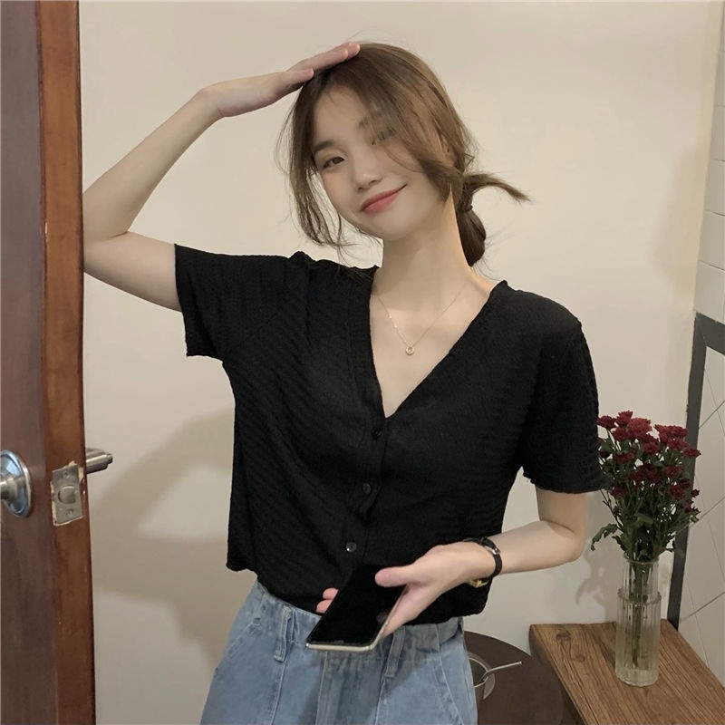 Áo Kiểu Tay Ngắn Cổ Chữ V Thiết Kế Mỏng Cao Cấp Thời Trang Cho Nữ