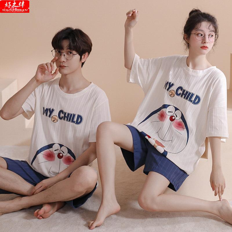 Bộ Đồ Ngủ Áo Tay Ngắn Phối Quần Short Vải Cotton Mỏng Thoáng Khí Thời Trang Mùa Hè Cho Các Cặp Đôi