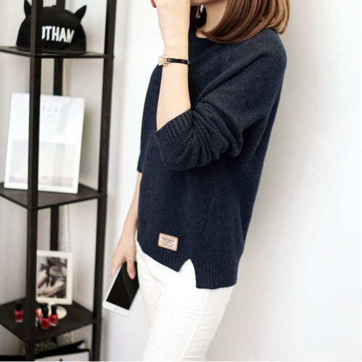 SUXI Áo dệt kim tay dài màu trơn thời trang cho nữ